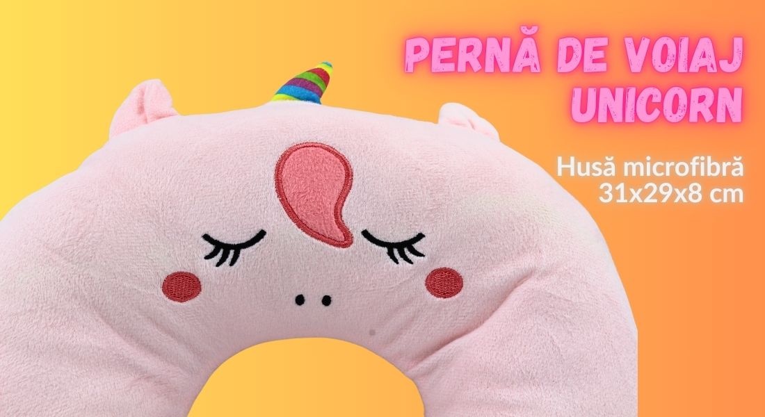 Pernă de călătorie, pentru copii, culoare roz, model unicorn