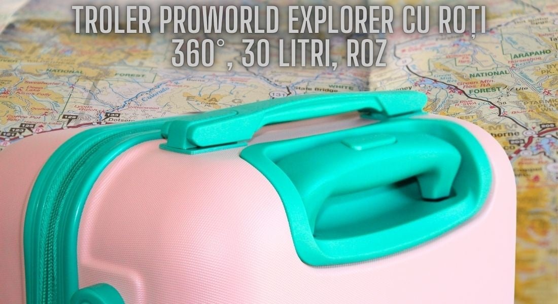 Troler ProWorld Explorer cu roți 360°, 30 litri, roz