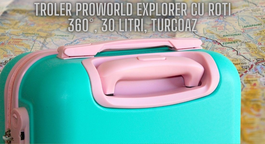 Troler ProWorld Explorer cu roți 360°, 30 litri, turcoaz