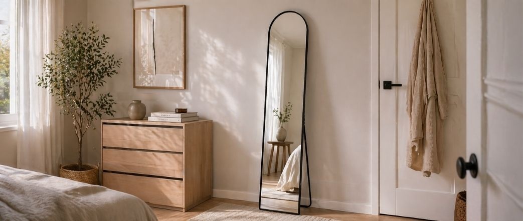 Oglindă decorativă de podea, ramă metalică neagră, 150x40 cm