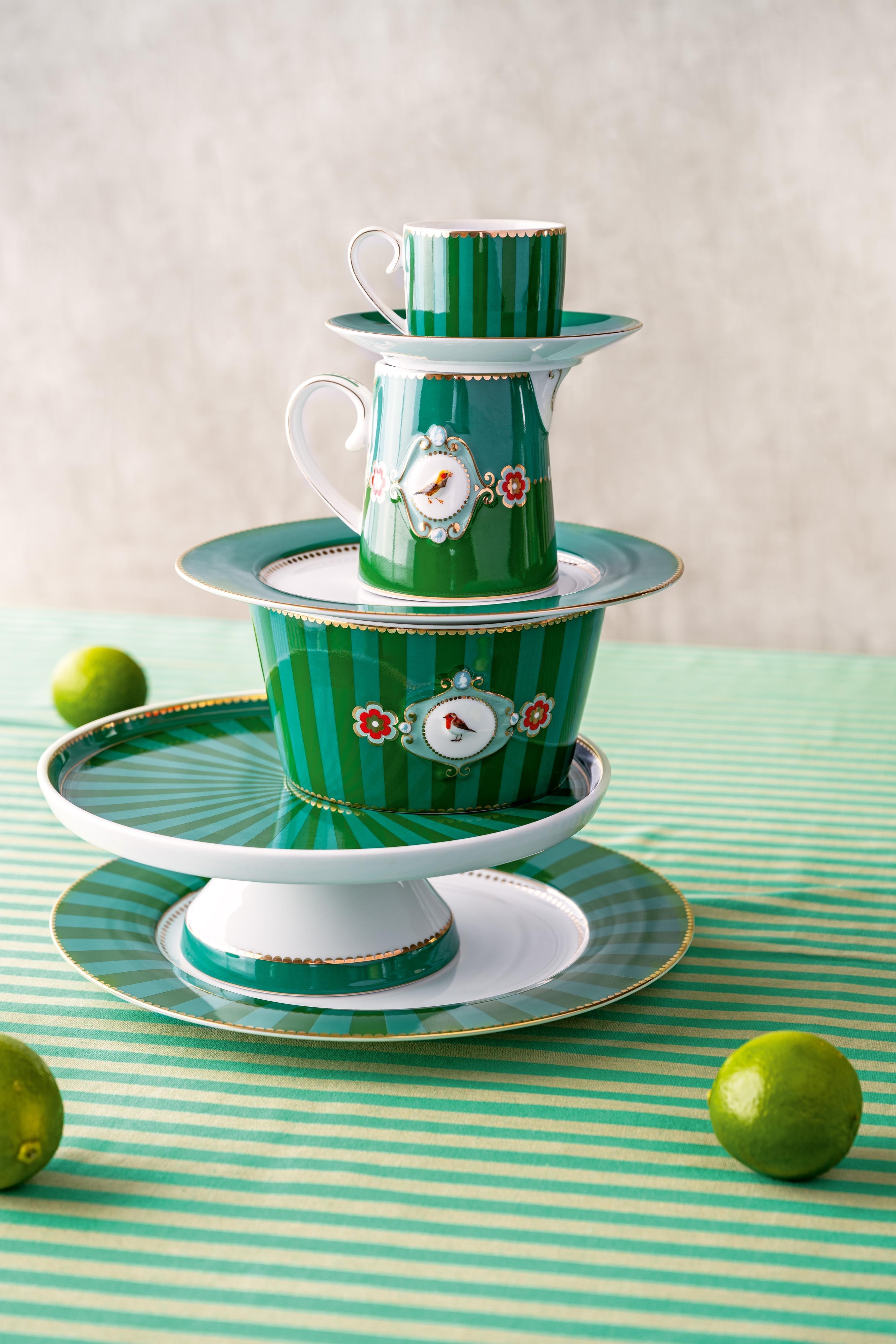 Tavă rotundă pentru tort din porțelan, Pip Studio, Stripes Emerald-Green, 24cm, colecția Love Birds24cm