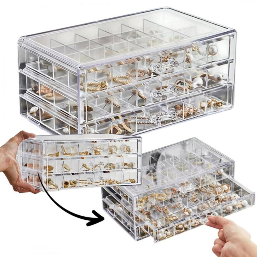 Cutie pentru bijuterii, organizator transparent – 3 sertare, 72 compartimente, Ecarla