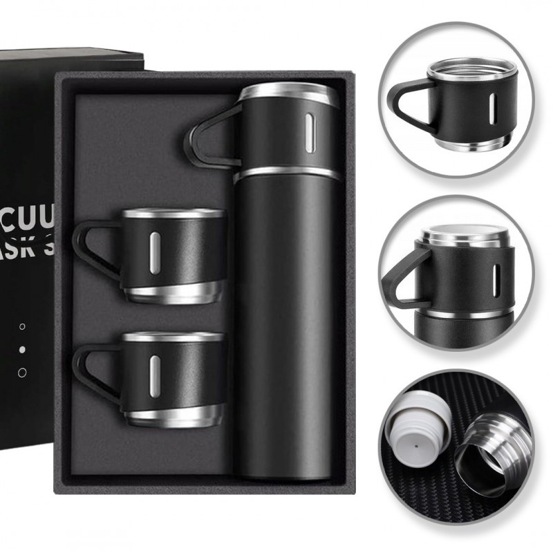 Set termos cu 3 căni – 500 ml, ideal pentru călătorii și cadouri, negru