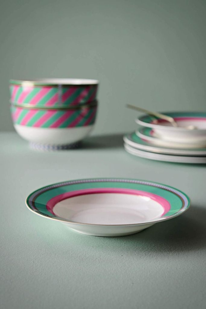 Farfurie adâncă din porțelan Chique Stripes Pink-Green 23.5cm