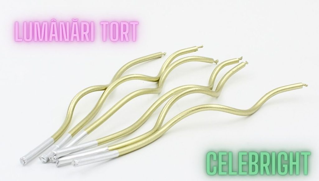 Set 6 lum&acirc;nări pentru tort, curbate, aurii, Celebright, 15.5cm