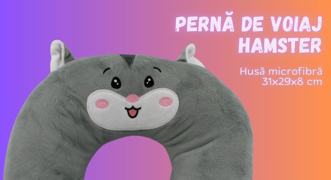 Pernă de călătorie, pentru copii, culoare gri, model hamster
