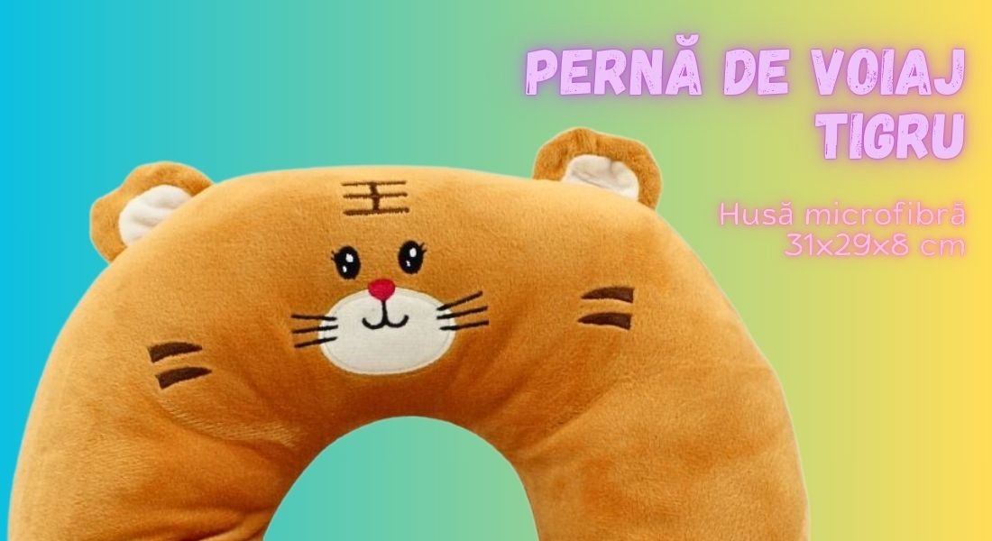 Pernă de călătorie, pentru copii, culoare gri, model tigru