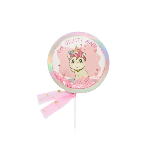 Cake Topper tort La Mulți Ani cerc-unicorn roz