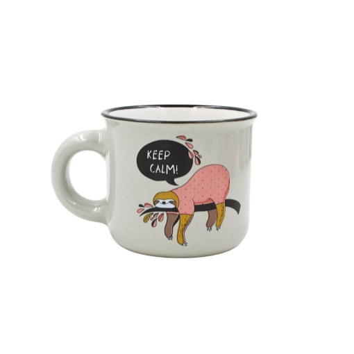 Cană cafea espresso Nekupto 80 ml, ceramică, gri, imprimeu leneș KEEP CALM