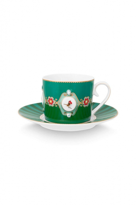 Ceașcă cu farfurioară, Pip Studio, Medallion Emerald-Green, 200ml, colecția Love Birds