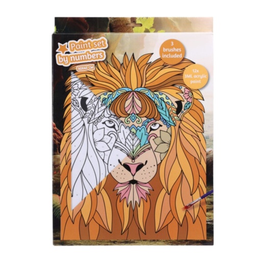 Set Pictură pe Numere – Model Leu | 30x40 cm | 12 Culori Acrilice + 3 Pensule