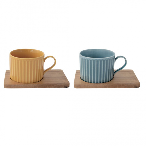 Set porțelan 2 căni 250ml și farfurii lemn acacia albastru/portocaliu