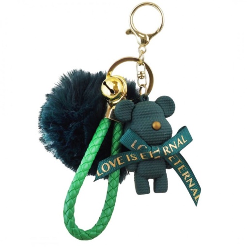 Breloc verde cu puf, ursuleț și fundiță „Love is Eternal” – Accesoriu chic pentru chei sau geantă