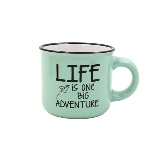 Cană cafea espresso Nekupto 80 ml, ceramică, gri, mesajul „LIFE IS ONE BIG ADVENTURE”