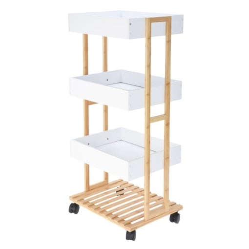 Cărucior de Depozitare cu 3 Rafturi – Structură din Bambus și Tăvi MDF albe – Mobil cu Roți – 87,5 x 40 x 30 cm