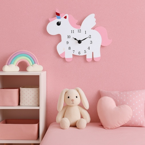 Ceas de perete pentru camera copilului, 25x30 cm, model cu unicorn alb