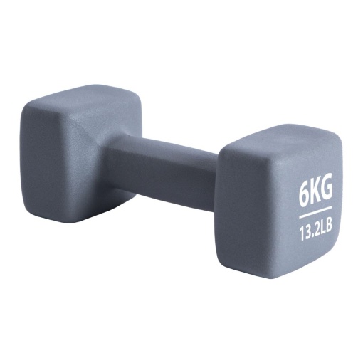 Ganteră neopren 6 kg Pure 2 Improve – capete pătrate, gri și ambalaj premium