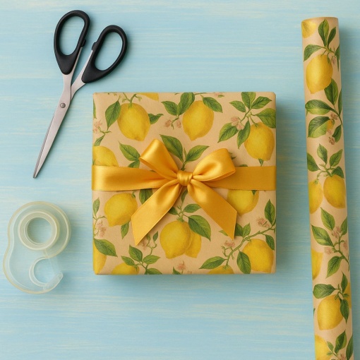 Hârtie pentru ambalat cadouri Kraft Vintage, 200x70 cm, lemons