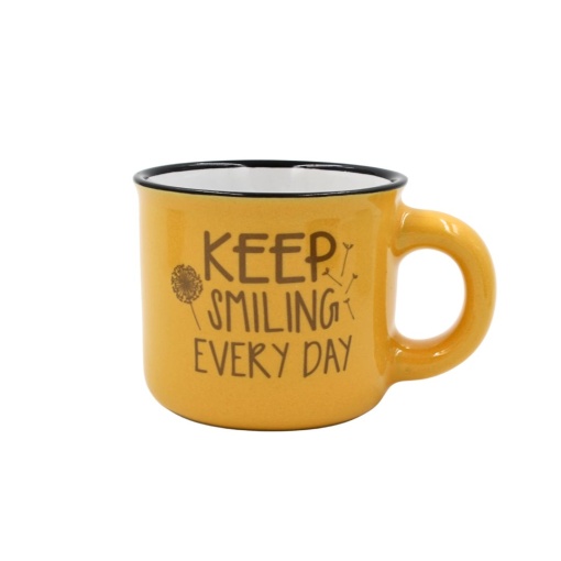 Cană cafea espresso Nekupto 80 ml, ceramică, galben, mesajul „KEEP SMILING EVERY DAY”