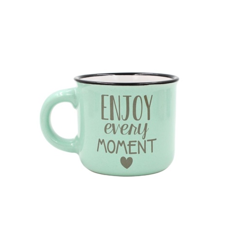Cană cafea espresso Nekupto 80 ml, ceramică, verde, mesajul „Enjoy every moment”