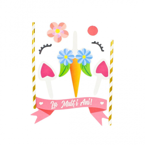 Cake Topper tort La Mulți Ani unicorn floricică