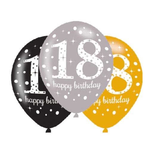 Set 6 baloane, din latex, model 18 happy birthday, Amscan, 27.5 cm