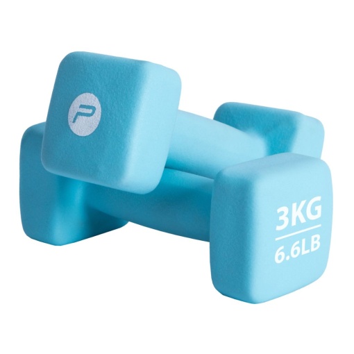 Set gantere neopren 2x3 kg Pure 2 Improve – capete pătrate, albastru și ambalaj premium