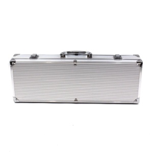 Set ustensile pentru grătar BBQ, 4 piese din inox, cu valiză din aluminiu, 43 cm
