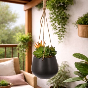 Artificial hanging plant with a mix of succulents, in a 16 cm black ceramic pot, with a twine hanger.