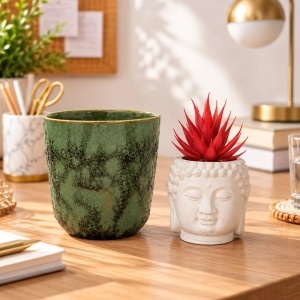 Artificial succulent plant in a Buddha cement pot (12.5 cm, white and red) + Mica green planter cover (15×12 cm)