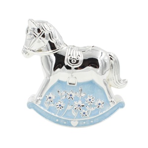 Pușculiță Decorativă Căluț Balansoar AZAY, 11x11 cm, Design Elegant Argintiu cu Detalii Albastre – Cadou Premium Copii & Botez