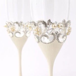 Set pahare șampanie AZAY ivory cu perle și cristale, 25.5 cm, pahare flute elegante, cadou premium cu cutie și tissue paper