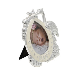Ramă Foto BABY Barză Argintie AZAY cu Cristale, 8x10 cm, Ramă Foto Nou-Născut, Cadou Botez Băiat sau Fetiță, Cutie Cadou