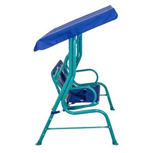 Balansoar de grădină pentru copii cu acoperiș, model Dinozauri, 2 locuri, cadru metalic, albastru, 115x74x110 cm