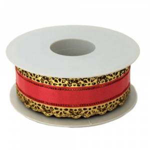 Bandă Decorativă Cake Dress, 40mm, Pizzo Dore Roșu-Auriu, 20 m