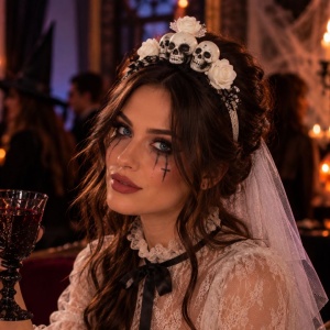 Bentiță Halloween, mireasă fantomă, cu 3 cranii decorative, trandafiri albi, dantelă neagră și voal lung din tul alb, accesoriu costum gothic horror