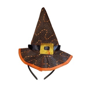 Bentiță Halloween, pălărie de vrăjitoare, cu vârf ascuțit, paiete portocalii, bandă neagră și cataramă aurie cu sclipici, boruri largi cu margine portocalie, accesoriu costum vrăjitoare