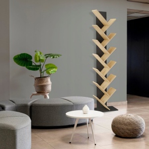 Bibliotecă verticală JUMI, 222x50x24 cm, MDF negru-stejar, tip arbore pentru cărți și decorațiuni