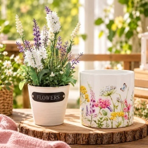 Bundle: artificial lavender plant in a white pot (28×9 cm) + ceramic planter cover with small flowers and butterflies (12 cm)