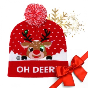 Căciulă pentru copii, cu LED-uri și pompom, CZ50, eCarla, model „OH DEER!”