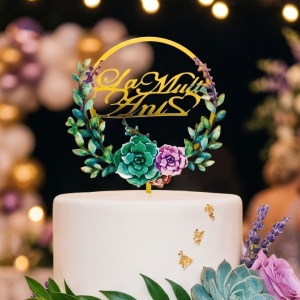 Cake Topper pentru tort, cerc cu floricică verde și mov