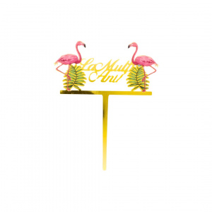 Cake Topper pentru tort cu mesaj La Mulți Ani și 2 Flamingo