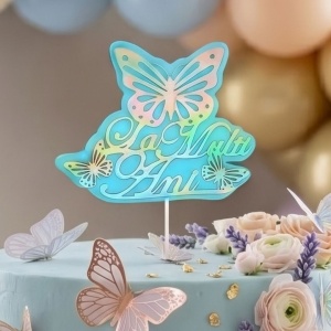Cake Topper pentru tort cu mesaj La Mulți Ani și fluturi bleu-argintiu