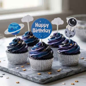 Cake Topper pentru tort Happy Birthday cu astronaut pe lună