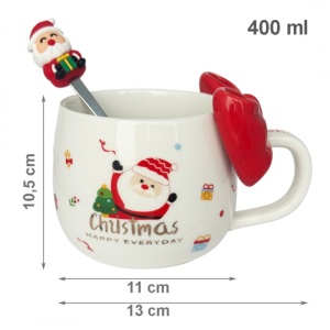 Cană ceramică, de Crăciun, cu fundă roșie și linguriță, 400ml, KB25CZE, eCarla