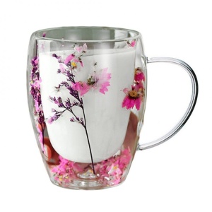 Cană cu flori roz uscate, pereți dubli, sticlă borosilicată, 300 ml