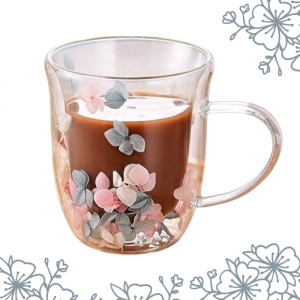 Cană cu flori uscate, pereți dubli, sticlă borosilicată, izolare termică, hortensie, 300 ml