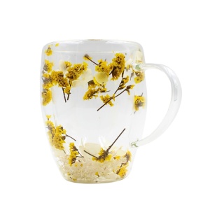 Cană cu flori uscate statice yellow, pereți dubli, sticlă borosilicată, 350 ml, SZK103