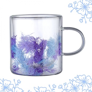 Cană cu flori uscate, violet, pereți dubli, sticlă borosilicată, 300 ml