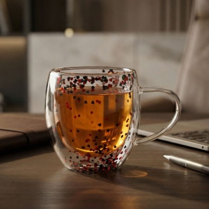 Cană cu inserție de confetti, inimioare roșii și gri, sticlă borosilicată, 250 ml, Aurora Glow